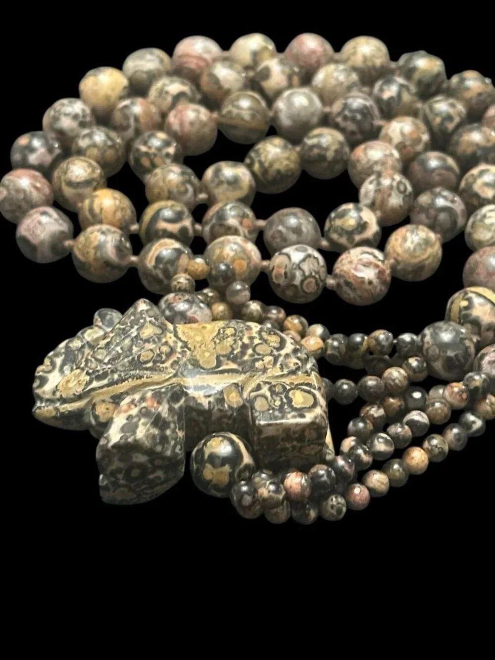 Jasper Necklace Carved Stone Elephant Trunk Up Knotted Bead Necklace Tribal 33